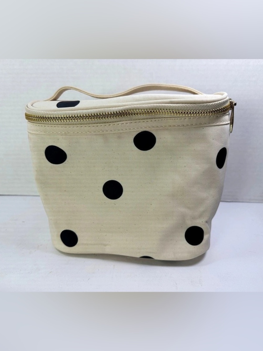 Kate Spade Polka Dot Cosmetic Bag Cream Black Zippered Handle Makeup